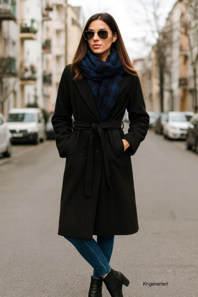 Kurzmantel mit Bindegürtel Größe 36 - 42 Schwarz