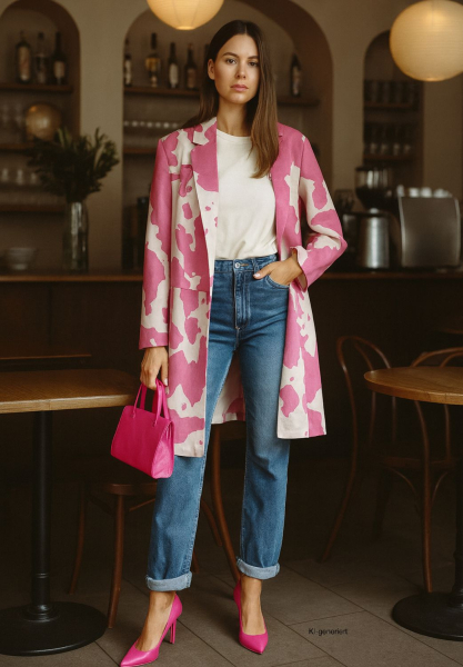 leichte Kurzmantel in Velourslederoptik Größe 36 - 42 in creme/pink gemustert